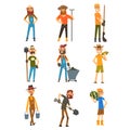 Smiling farmers set, cheerful gardeners characters at work, farming and agriculture vector Illustration on a white