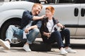 smiling father cleaning son face after Royalty Free Stock Photo