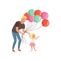 Smiling father and his little daughter with bunch of balloons, loving daddy and kid spending time together, dad and his Royalty Free Stock Photo