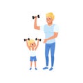 Smiling father and his son exercising with dumbbells at gym. Happy sporty family. Morning workout. Dad and child in