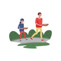 Smiling father and his son walking home with pizza. Family day. Fatherhood theme. Flat vector illustration