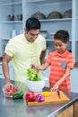 Smiling father preparing salad with his son