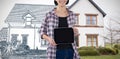 Composite image of smiling female architect showing digital tablet against white background Royalty Free Stock Photo