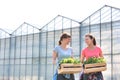 Smiling female botanists carrying plants in wooden crates against greenhouse