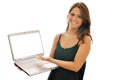 Smiling Female Brunette with Computer Isolated Royalty Free Stock Photo
