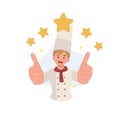 Smiling female chef or baker with thumbs up five stars . vector cartoon illustration Royalty Free Stock Photo