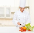 Smiling female chef chopping vegetables Royalty Free Stock Photo