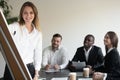 Smiling female coach making whiteboard presentation for employees Royalty Free Stock Photo