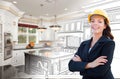 Smiling Female Contractor Over Kitchen Drawing Gradating to Photo