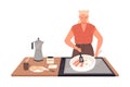Smiling female cooking breakfast on kitchen table vector flat illustration. Happy woman frying eggs with bacon, toasts
