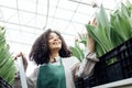 Smiling female darkskinned greenhouse worker checks condition of seedlings