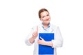 smiling female doctor holding clipboard and doing idea gesture