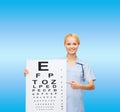 Smiling female doctor or nurse with eye chart Royalty Free Stock Photo