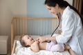 Smiling female doctor pediatrician using stethoscope, checking little girl lungs Royalty Free Stock Photo