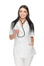 Smiling female doctor showing stethoscope at camera. Royalty Free Stock Photo