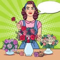 Smiling Female Florist Making Bunch of Flowers. Pop Art illustration Royalty Free Stock Photo