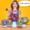 Smiling Female Florist at Work with Bunch of Flowers. Pop Art illustration Royalty Free Stock Photo