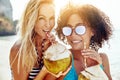 Smiling female friends standing on a beach drinking from coconut Royalty Free Stock Photo