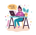 Smiling female influencer talking shooting live video in front of laptop vector flat illustration. Cute woman with cup