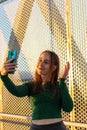 Smiling female making video call on sunset, looking at smartphone screen and talking with friends,family, couple... Vertical Royalty Free Stock Photo