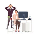 Smiling female manager working on computer at office, horrified male boss standing beside. Unprofessional or bad worker Royalty Free Stock Photo