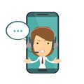 Smiling female operator with headset speaking from screen of a smart phone. Royalty Free Stock Photo