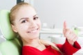 Smiling female patient showing like in dentist office Royalty Free Stock Photo