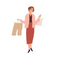 Smiling female professional stylist offering clothing during shopping vector flat illustration. Happy woman buyer