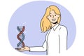 Smiling female scientist hold DNA model