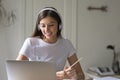 Smiling female student study on laptop at home Royalty Free Stock Photo