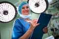 Smiling female surgeon writing on clipboard in operation room Royalty Free Stock Photo