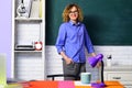 Smiling female teacher in glasses at classroom. Back to school. Learning, education. Student in eyeglasses front of Royalty Free Stock Photo