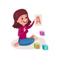 Smiling female teacher sitting on the floor showing letter A, woman teaching child the alphabet colorful cartoon vector