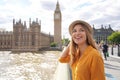 Smiling female tourist visiting London sights, United Kingdom Royalty Free Stock Photo