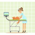 Smiling female veterinarian examining cat in vet clinic. Colorful cartoon character