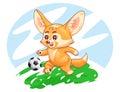 Smiling fennec fox plays soccer on a field. Cute kawaii cartoon character