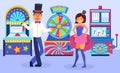 Smiling festively dressed magician man and assistant girl standing in front of slot machines vector illustration Royalty Free Stock Photo