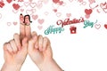 Smiling finger couple, valentine day message and red hearts Royalty Free Stock Photo