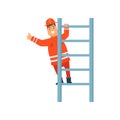 Smiling Firefighter Wearing Orange Protective Uniform Climbing Ladder, Cheerful Professional Male Freman Cartoon Character Doing