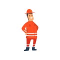 Smiling Firefighter Wearing Orange Protective Uniform and Helmet, Cheerful Professional Male Freman Cartoon Character Doing His