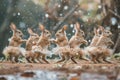 smiling, fluffy bunnies at a pink Easter party dancing together Royalty Free Stock Photo