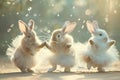 smiling, fluffy bunnies at a pink Easter party dancing together Royalty Free Stock Photo