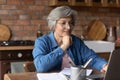 Smiling focused older mature woman in glasses working on computer. Royalty Free Stock Photo