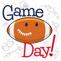 Smiling Football Ball over Doodles Celebrating the Super Game Day, Vector Illustration