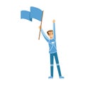 Smiling football fan character in blue holding flag of his team and celebrating the victory vector Illustration