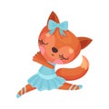 Smiling Fox in Ballerina Dress and Bow on Head Dancing Vector Illustration