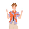 Smiling Freckled Man Showing Sign of the Horns as Positive Hand Gesture Vector Illustration