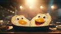 Smiling fried eggs in pan bathed in sunlight filling air with delightful breakfast aroma