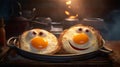 Smiling fried eggs in pan bathed in sunlight filling air with delightful breakfast aroma