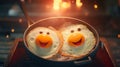 Smiling fried eggs in pan bathed in sunlight filling air with delightful breakfast aroma